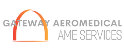 Gateway Aeromedical logo is a stylized illustration Gateway Arches in orange gradient. This version has white text "Gateway Aeromedical AME Services"